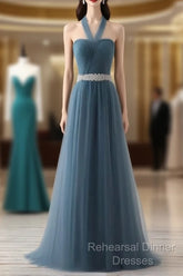 A-Line Gray Blue Tulle Long Bridesmaid Dress Floor-Length Beading Semi Formal Prom Dress Elegant